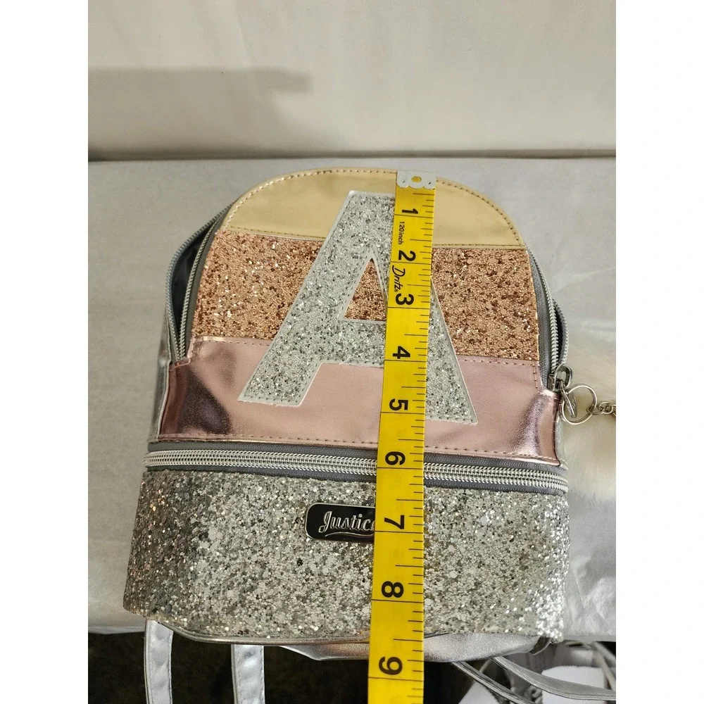 Justice Girls Mini Backpack Initial A Silver Metallic Glitter Pom Pom Charm